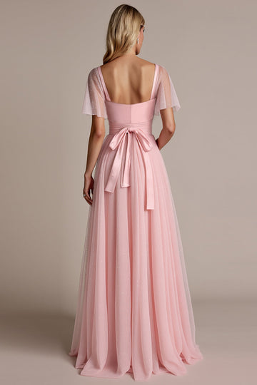 Candy Pink Short Sleeves A Line Long Bridesmaid Dress with Slit